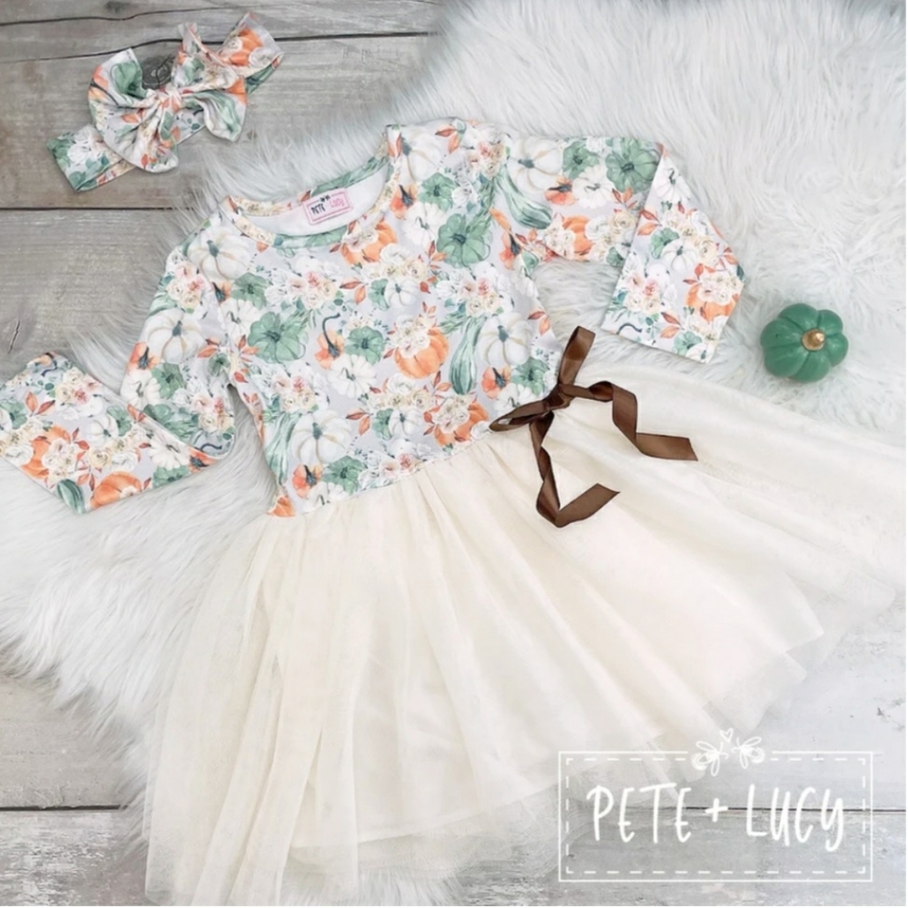 Pete+Lucy fancy fall dress little girls pumpkin print long sleeve outfit